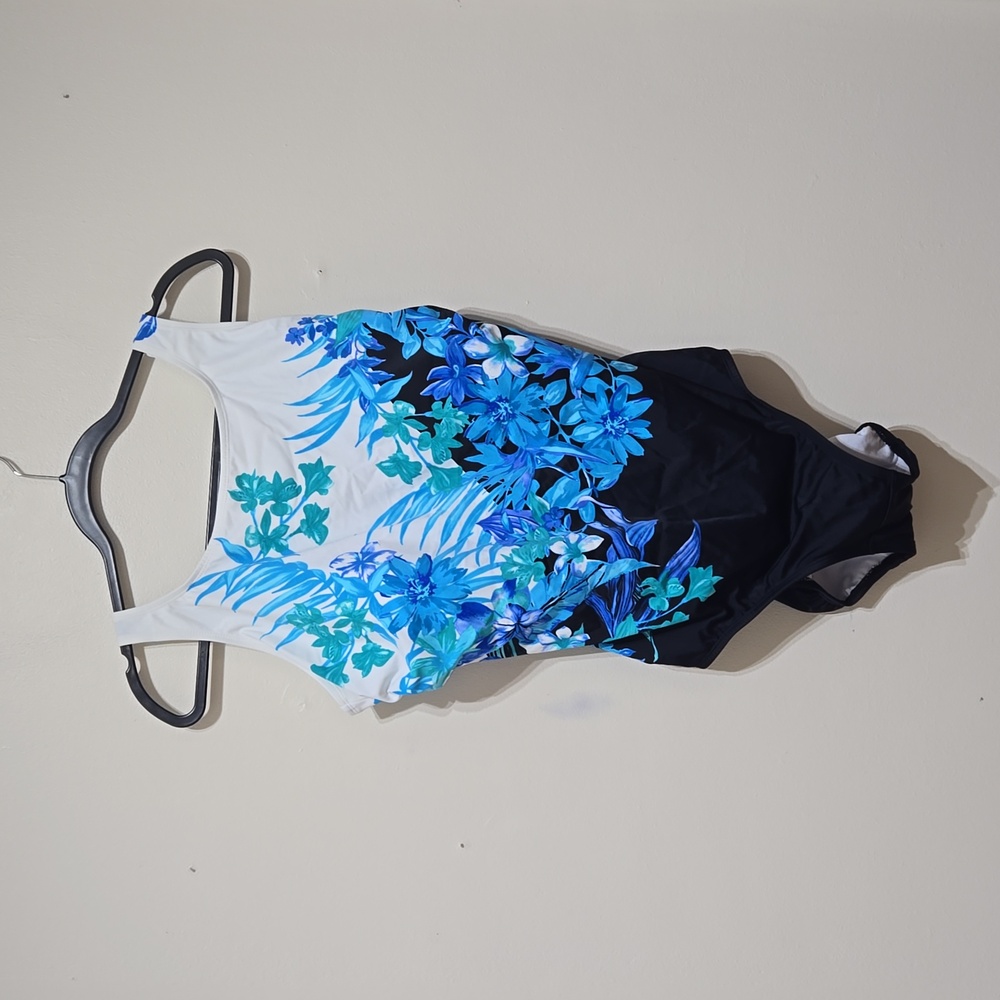 Floral Blue and Black One Piece Swimsuit